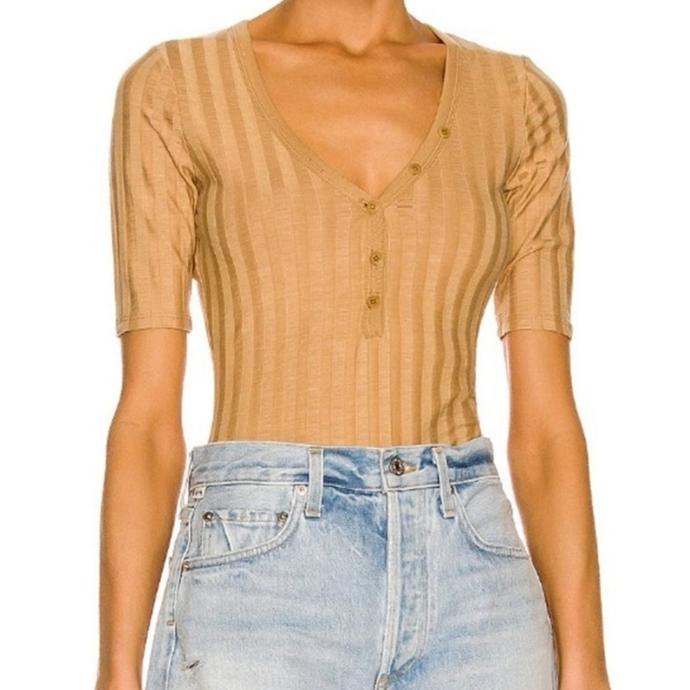 Jonathan Simkhai Khaki Connie Ribbed Henley Bodysuit  S